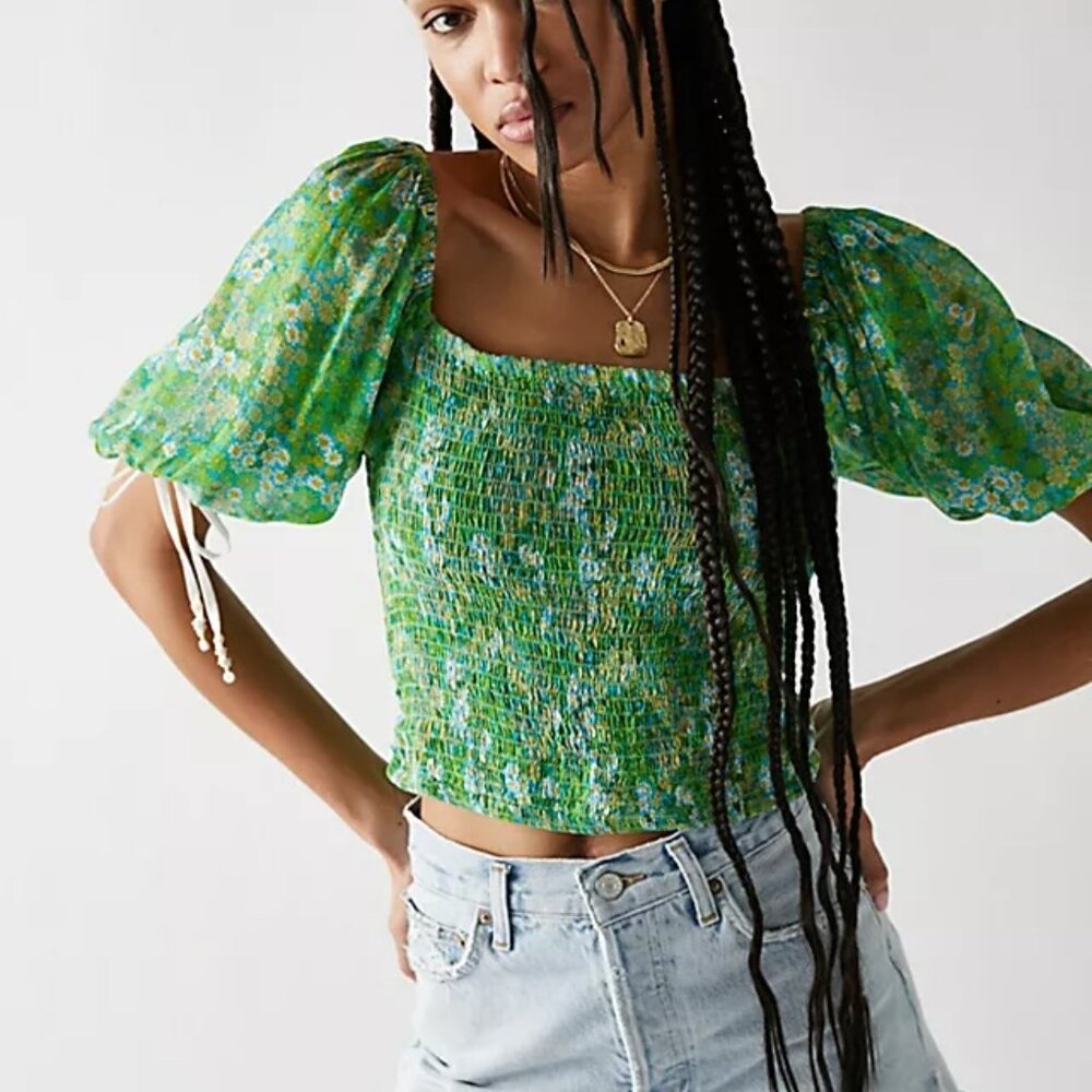 Free People Back On Top Floral Green Puff Sleeve M NWT